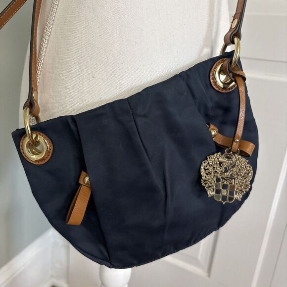 Vince Camuto Cris Blue Nylon Brown Leather Crossbody Tassel Bag Gold - Picture 2 of 6